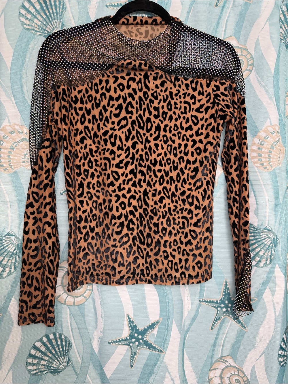 Leopard Print Long-Sleeve Top with Mesh Rhinestone Yoke - Brown